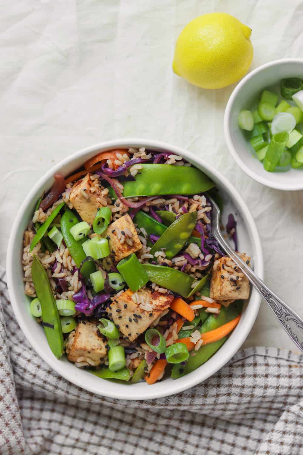 Easy weeknight dinner tofu stir-fry with rice and vegetables
