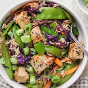 Almond tofu rice stir-fry with vegetables