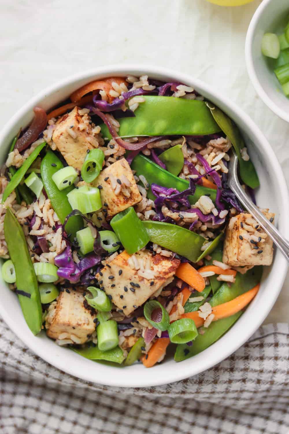 Almond tofu rice stir-fry with vegetables