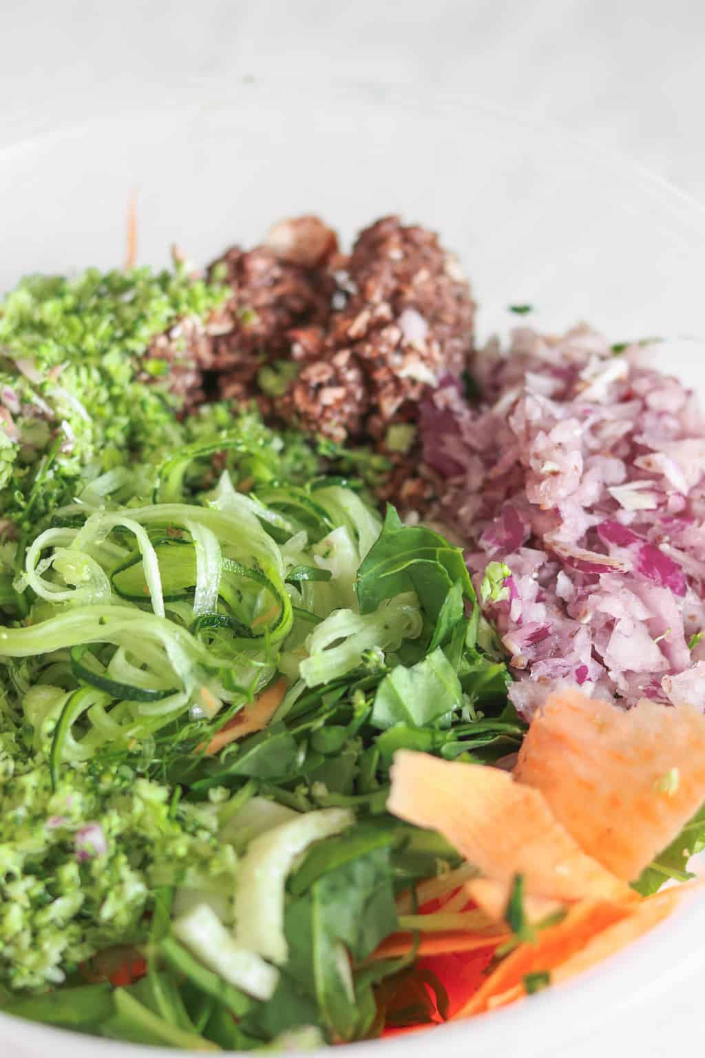 Raw vegetable salad with zucchini noodles, spiralized sweet potato, red onion, mushrooms and broccoli