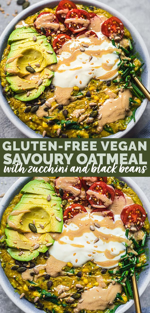 Gluten-free vegan savoury oatmeal with zucchini and black beans
