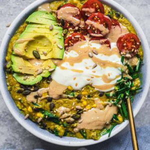Vegan savoury oatmeal with zucchini and black beans