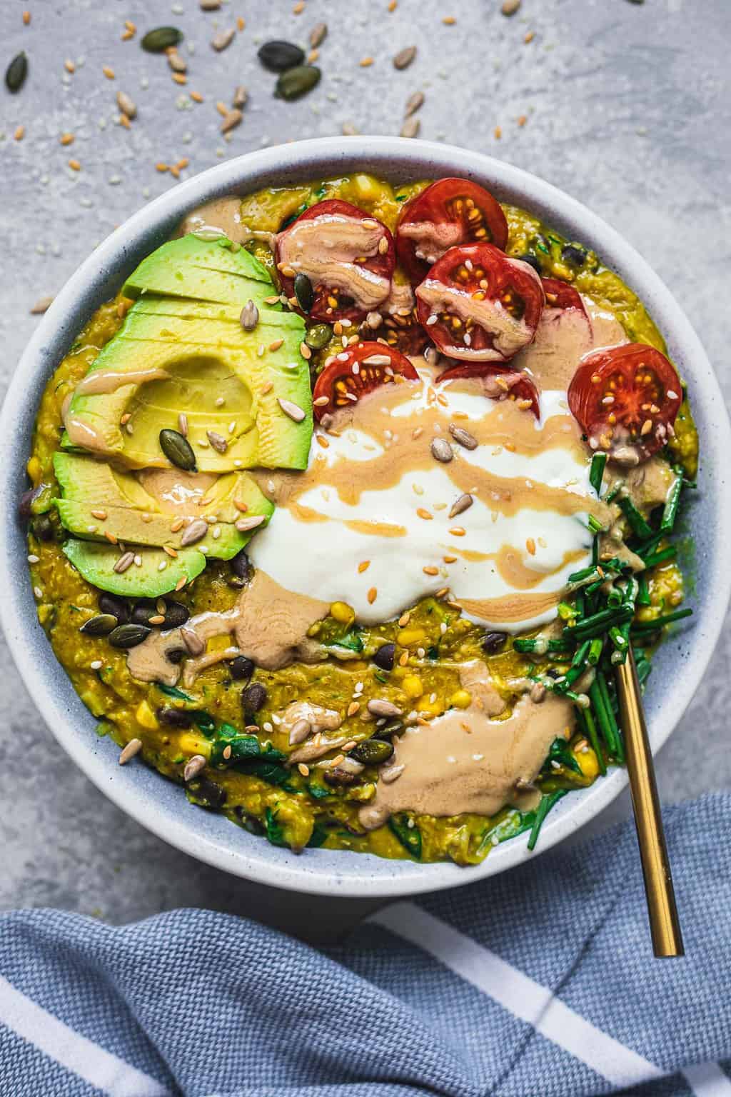 Vegan savoury oatmeal with zucchini and black beans