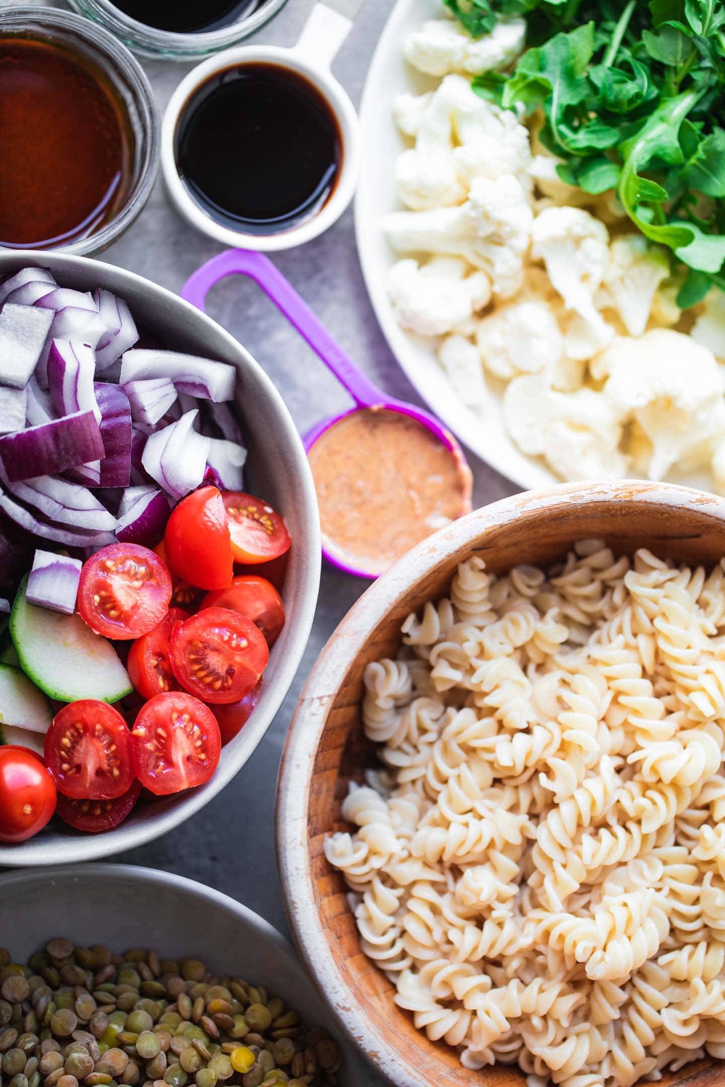 Ingredients for vegan beetroot pasta salad