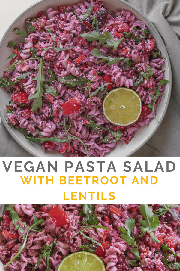 Vegan pasta salad with beetroot and lentils Pinterest image
