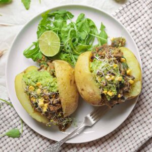 Simple baked potatoes with one-pot lentils