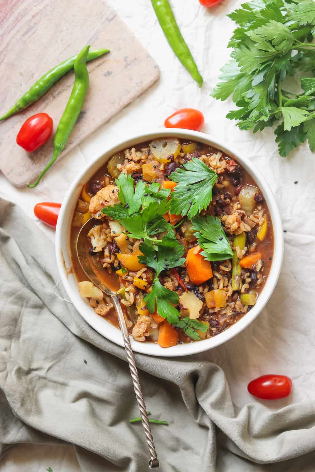 healthy vegan soup with rice, black beans and vegetables 
