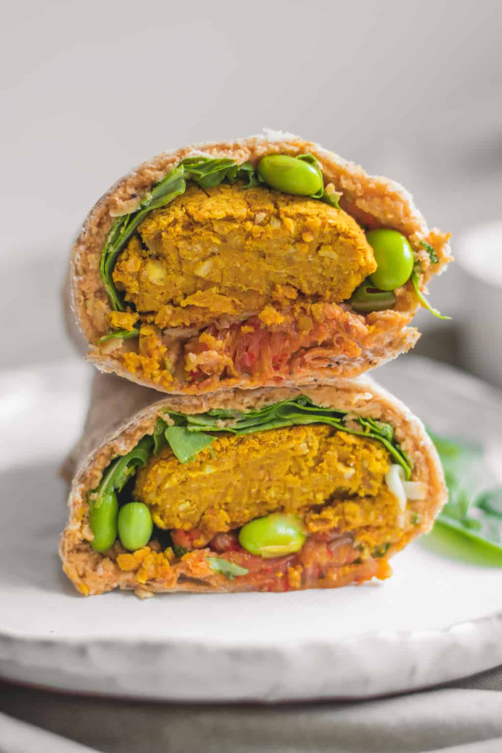 Vegan falafel wrap with edamame and kimchi