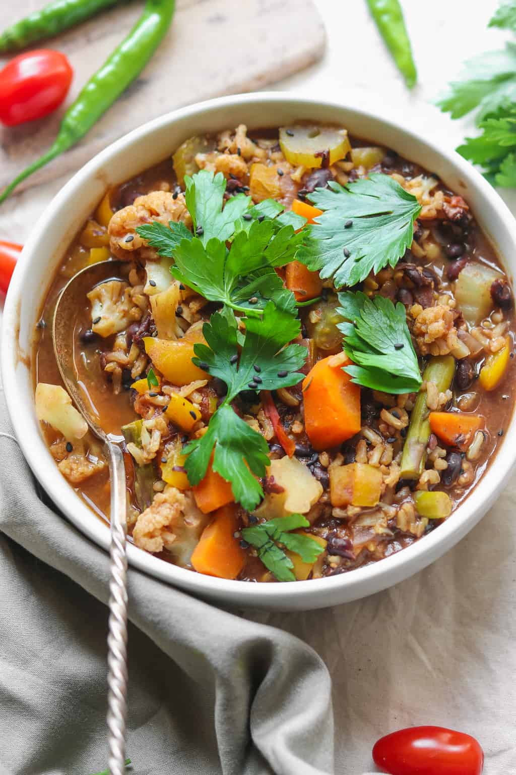 Oil-free healthy vegan black bean soup with rice and vegetables