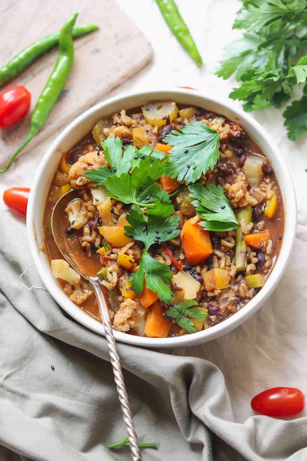 vegan rice and black bean soup with lots of vegetables 