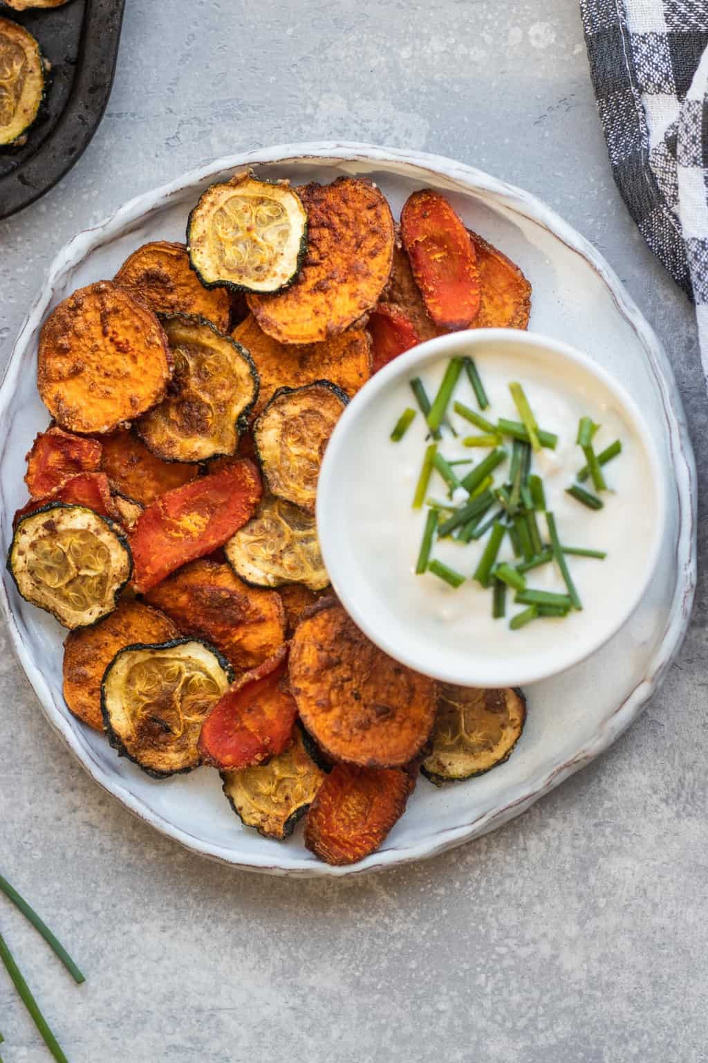 Sweet potato carrot and zucchini chips with vegan yoghurt dip