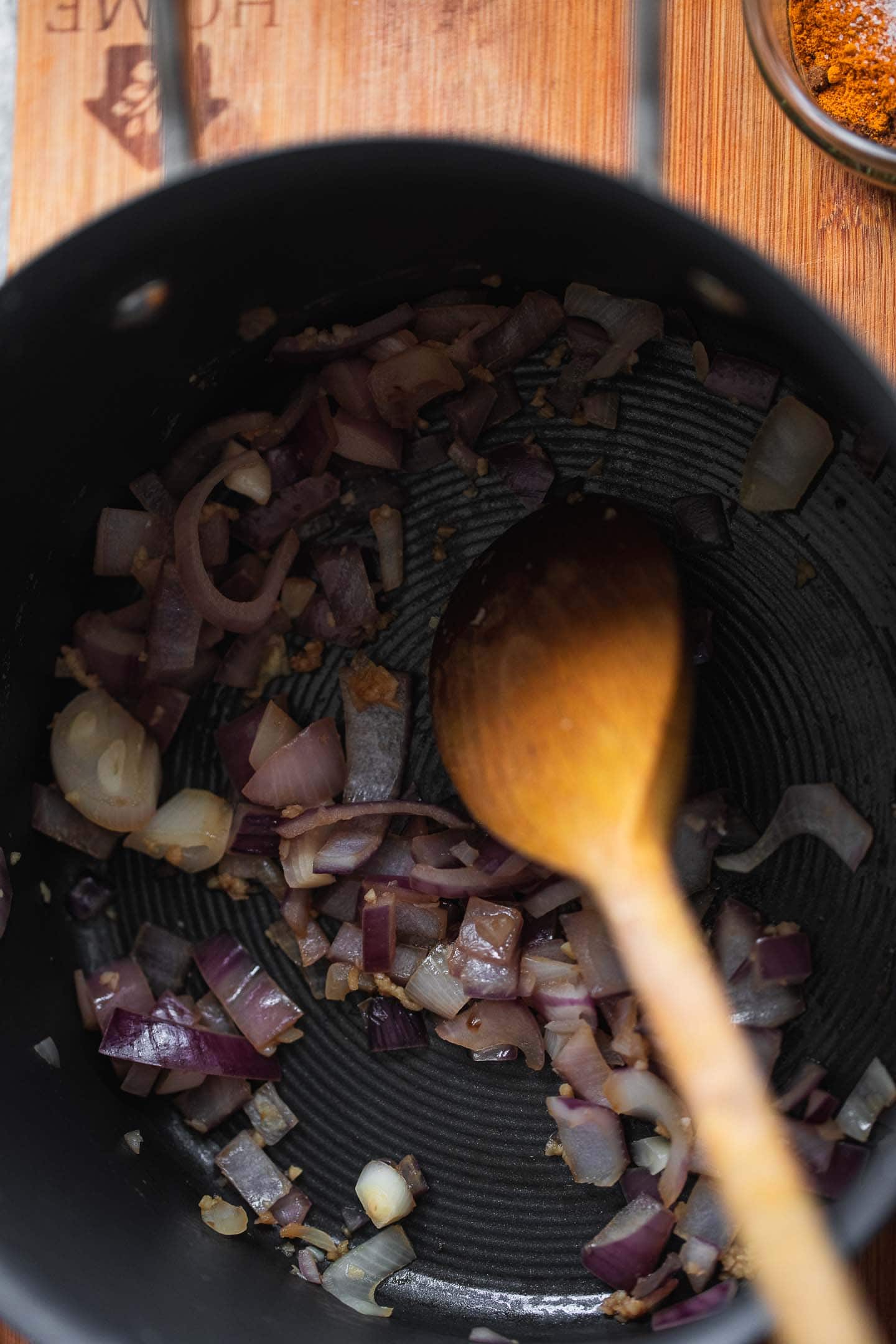 Onions and garlic in a pan