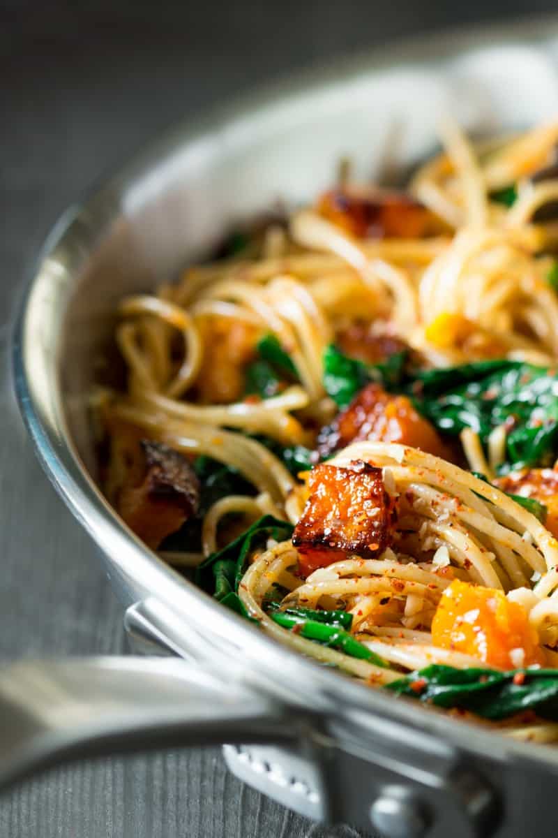 Pumpkin, spinach and walnut spaghetti Lazy Cat Kitchen