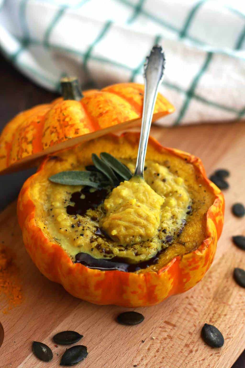 Vegan pumpkin soup with millet in pumpkin bowls Happy Kitchen Rocks