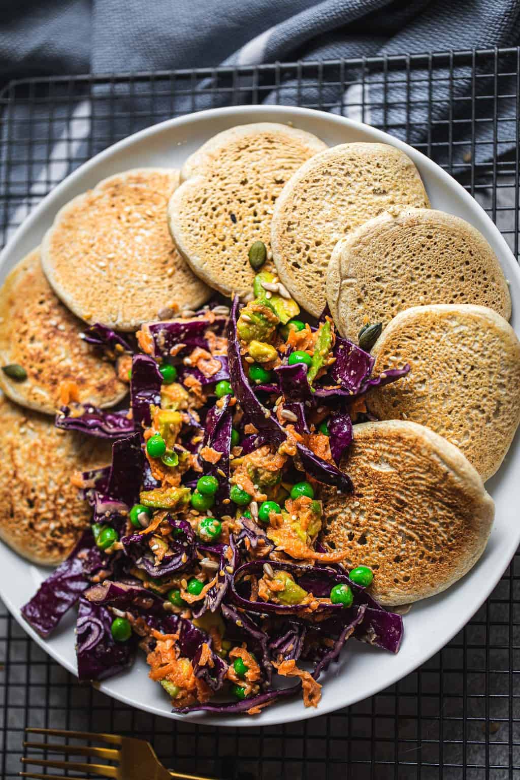 Buckwheat Pancakes With Tahini Veggie Slaw