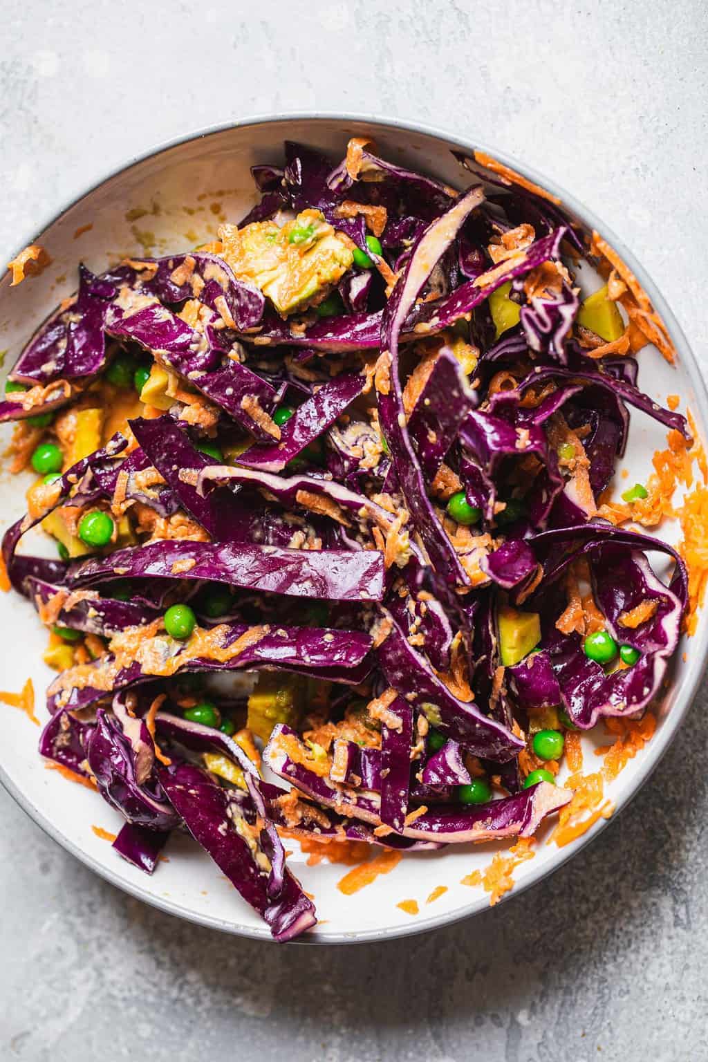 Slaw made with purple cabbage and carrots