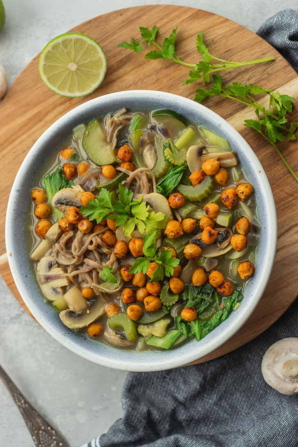 Gluten-free vegan noodle soup with chickpeas and vegetables