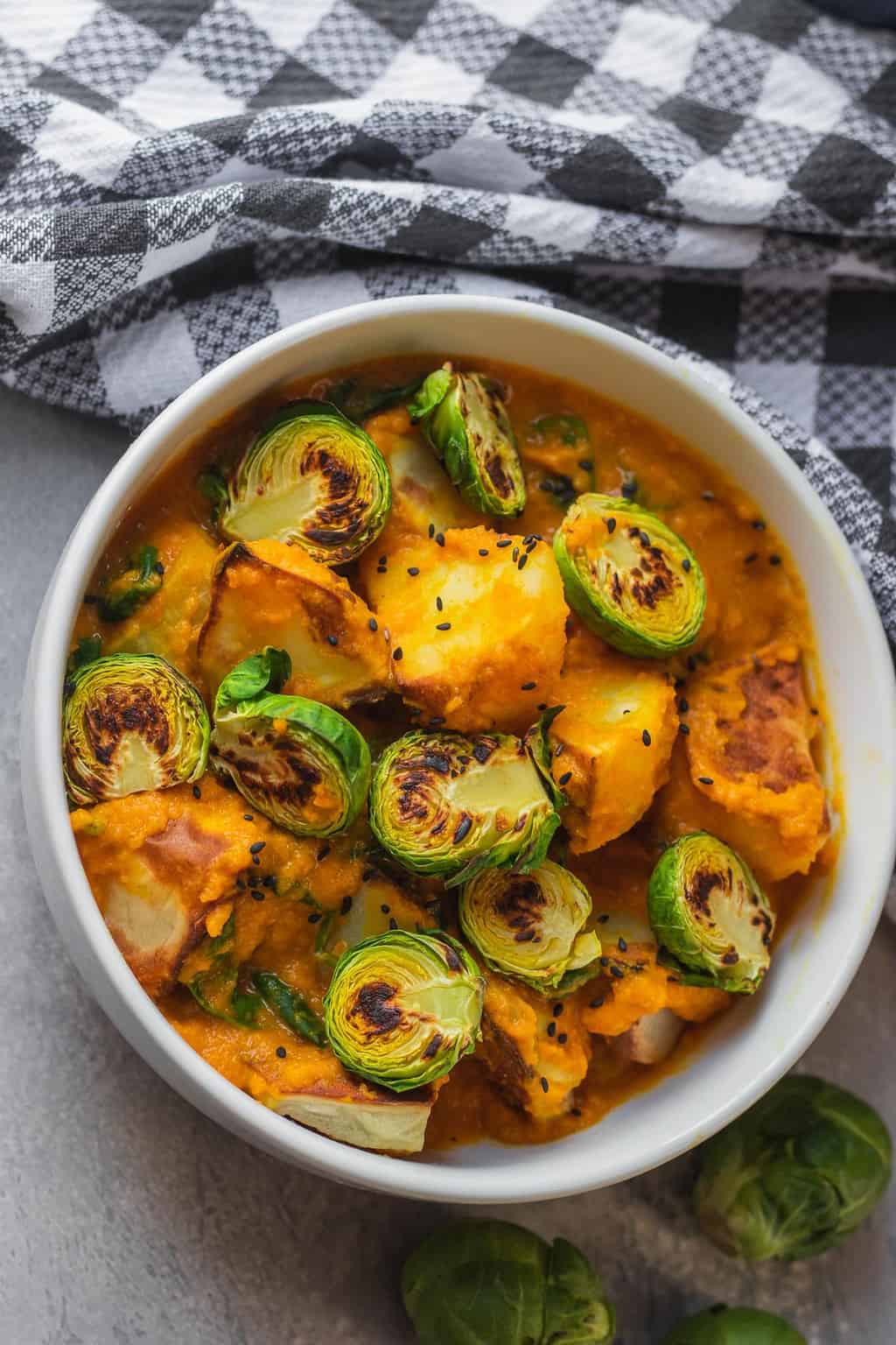 Easy 'Cheesy' Potatoes With Brussels Sprouts (Vegan) | Earth of Maria