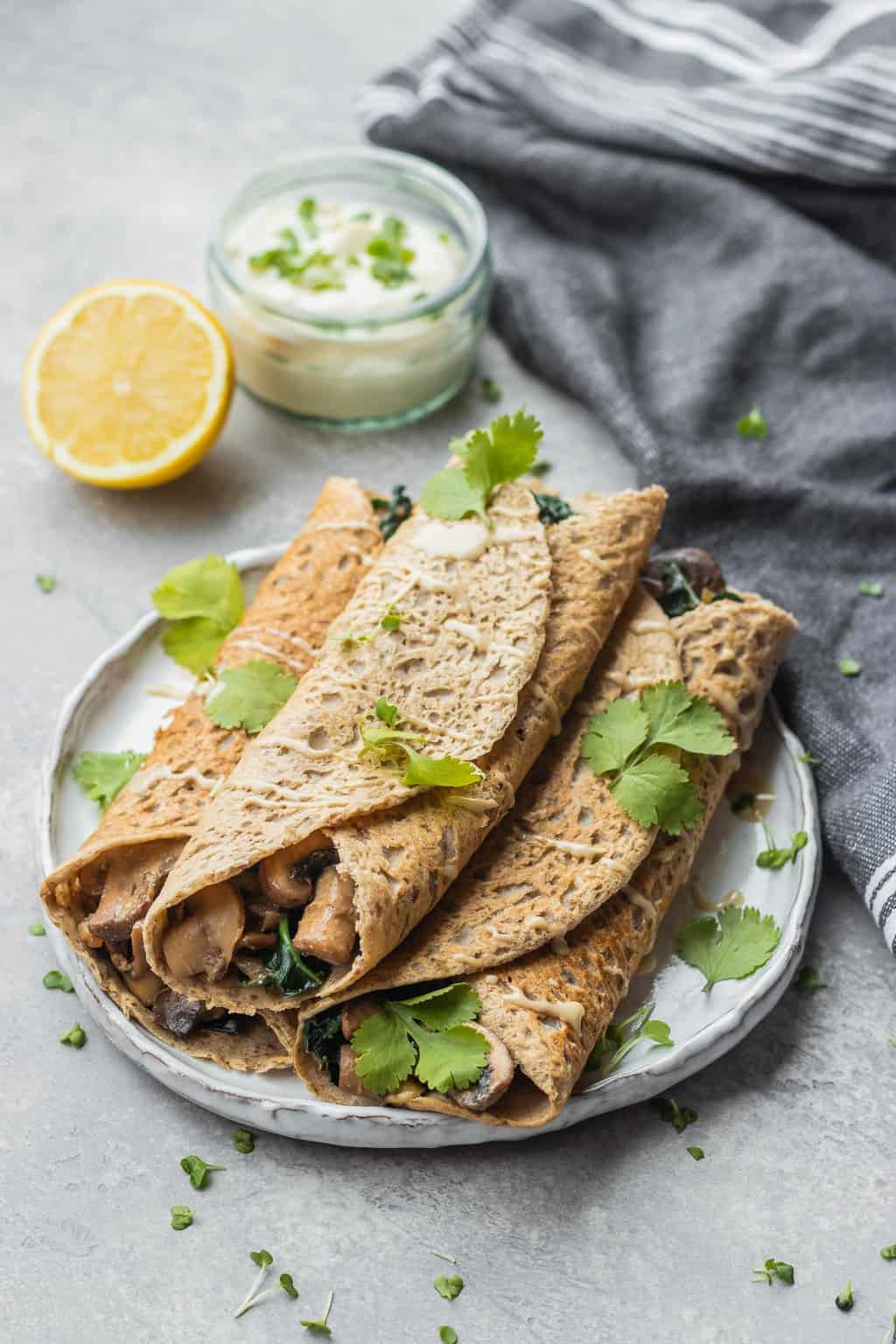 Savoury crepes with mushrooms and kale vegan gluten-free