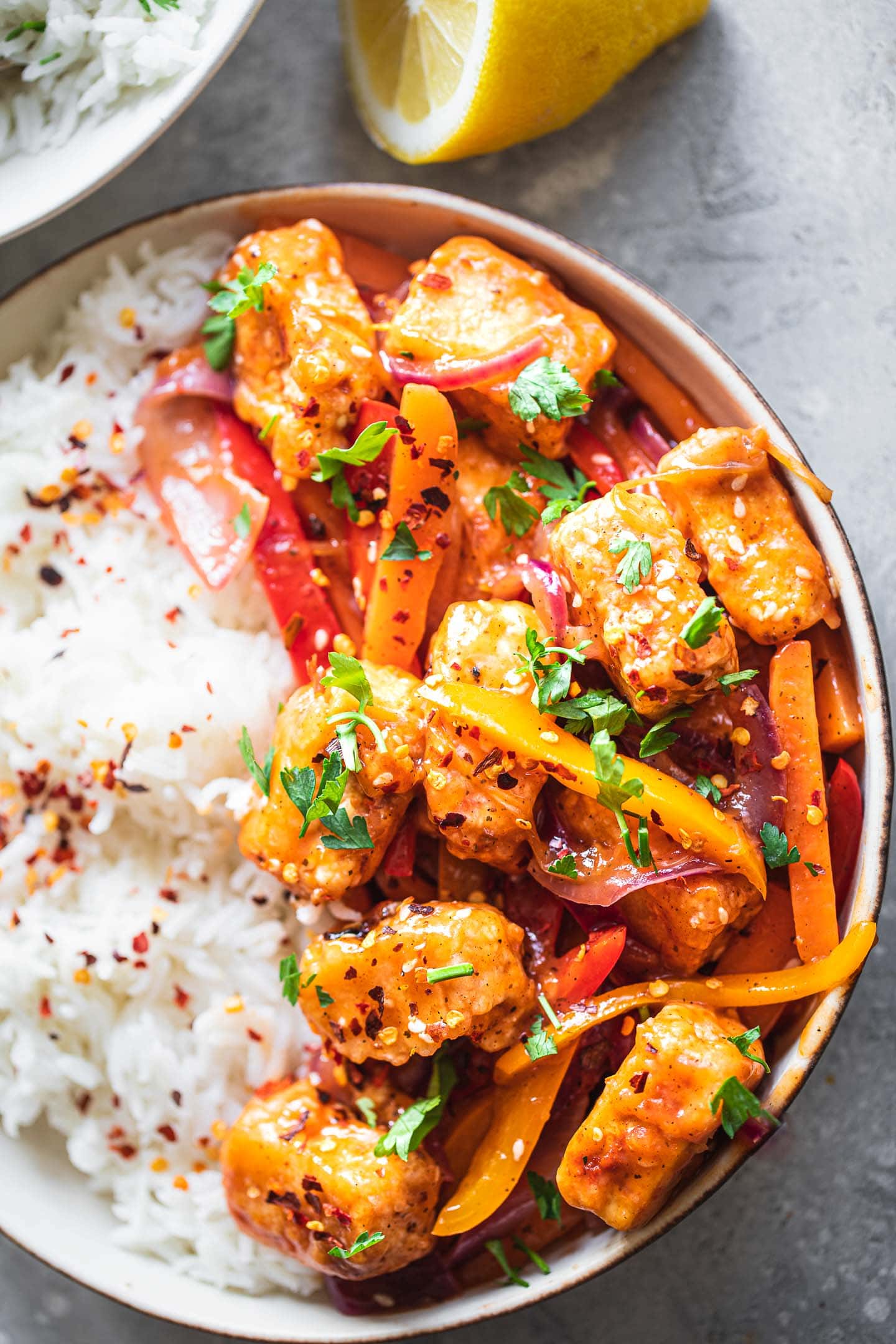 Tofu and sweet and sour sauce with rice