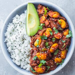 Vegan chili recipe with butter beans and avocado