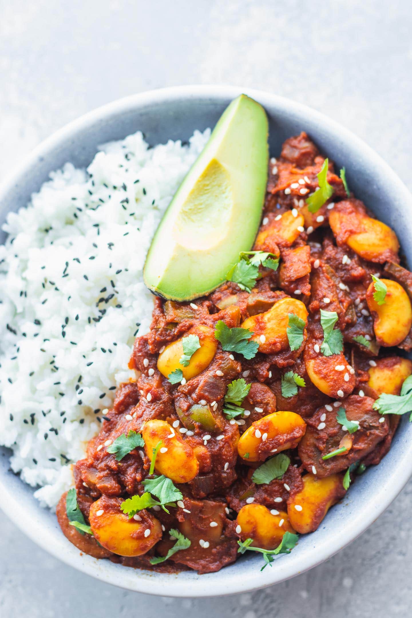 Vegan chili recipe with butter beans and avocado