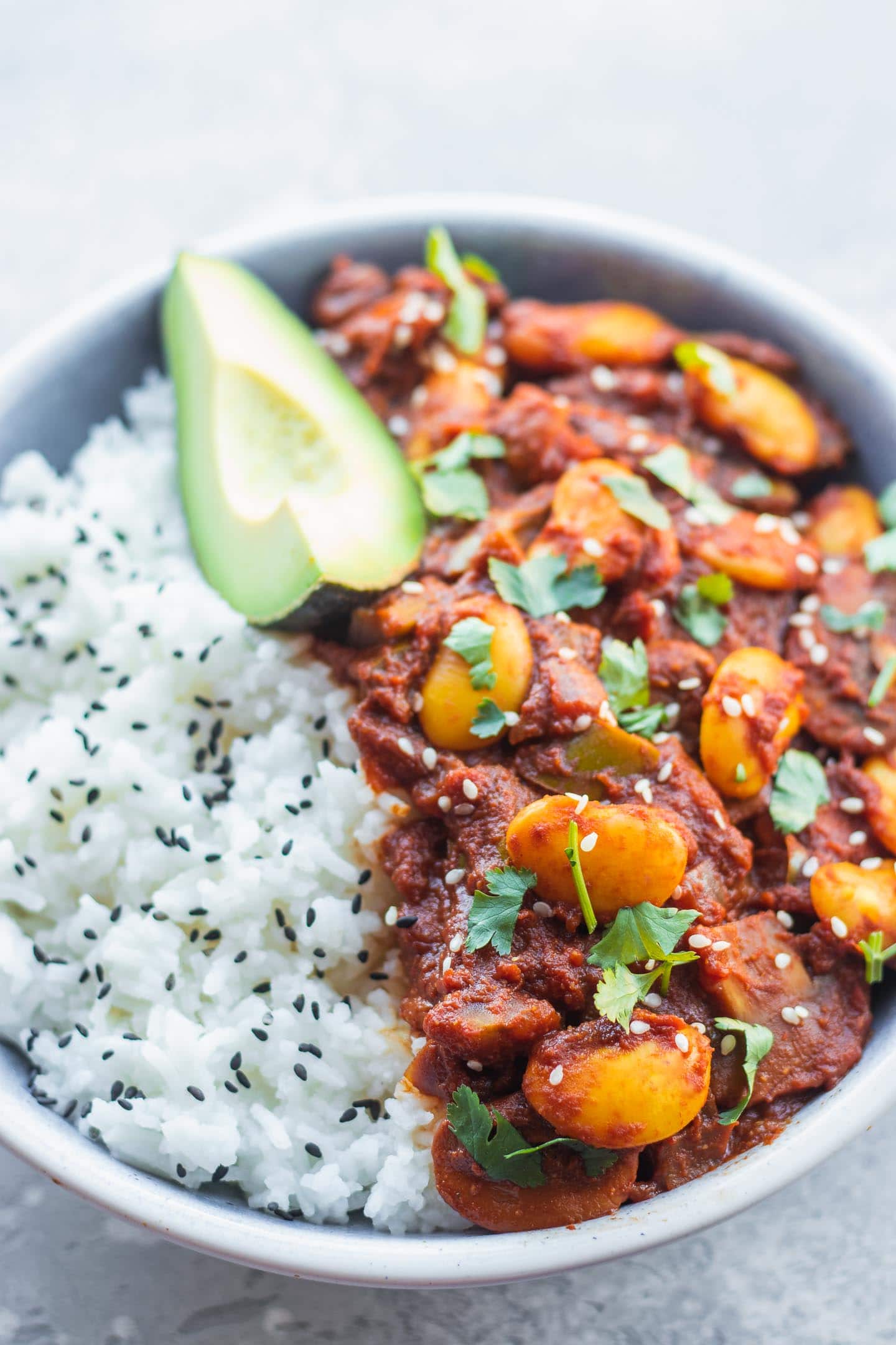 Vegan chili recipe with butter beans and avocado