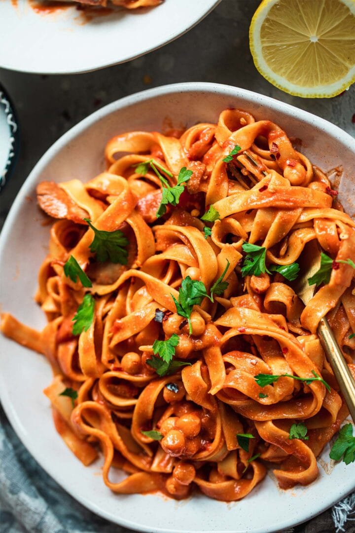 Vegetarian pasta with a tomato sauce in a bowl