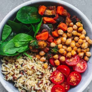 Vegan harvest bowl with chickpeas