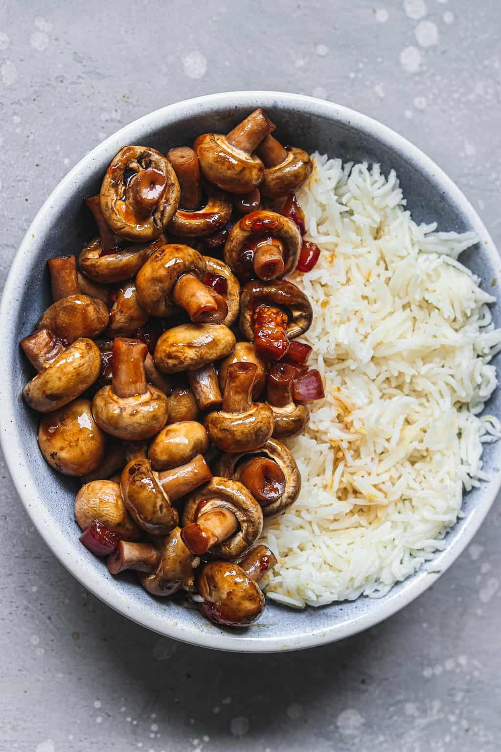 Miso mushrooms with rice in a blue bowl