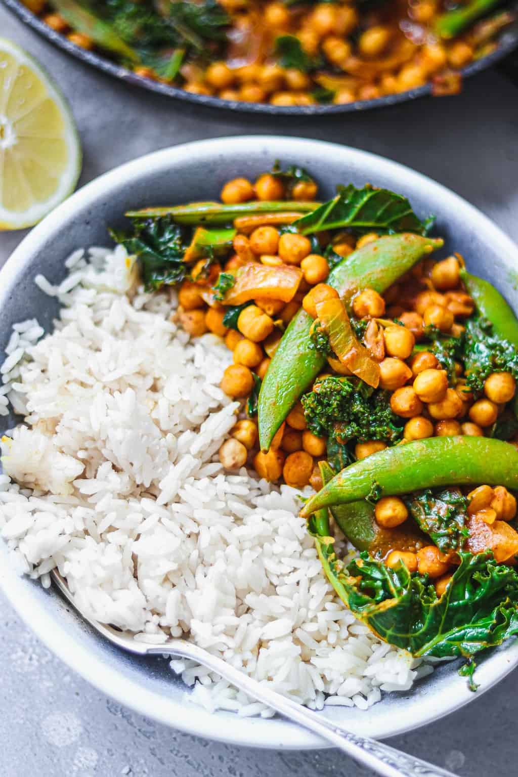 Vegan chickpea curry in a blue bowl