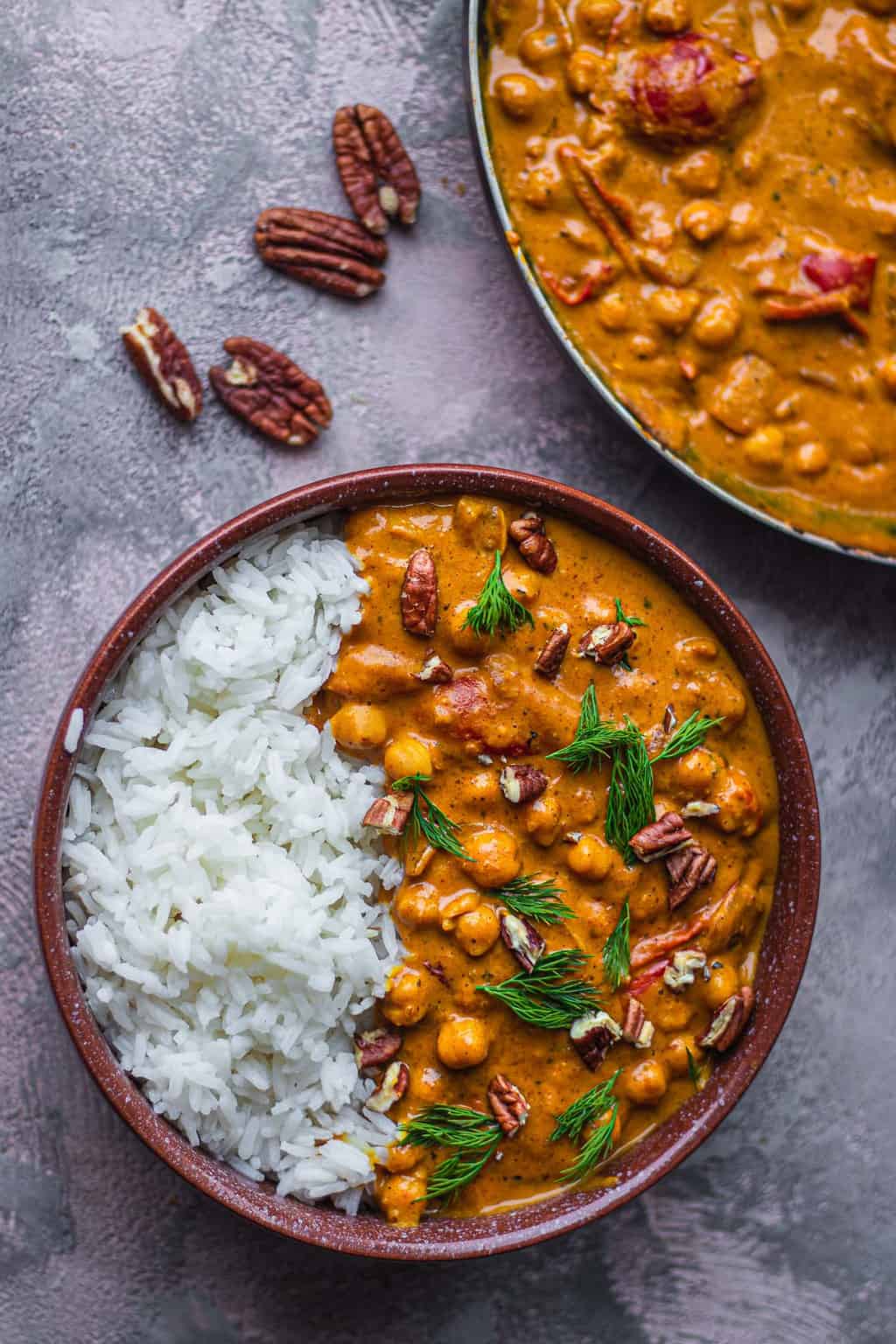 Bowl of vegan chickpea curry with rice