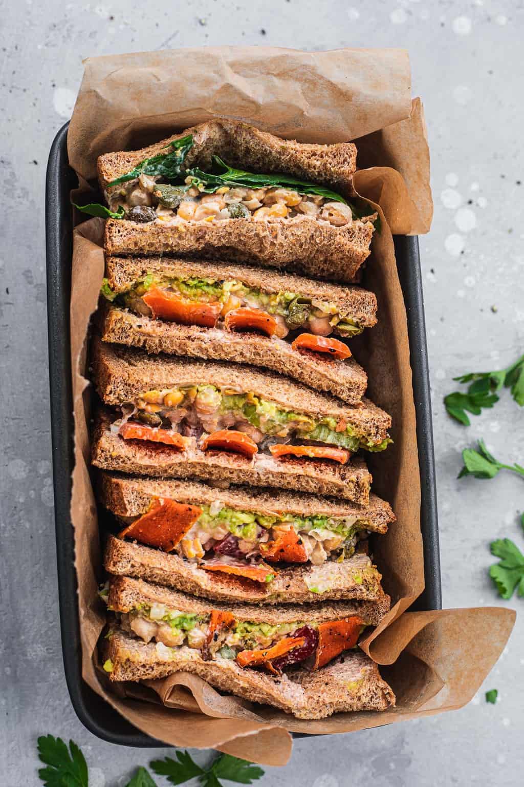 Vegan sandwiches with chickpea 'tuna' and carrots
