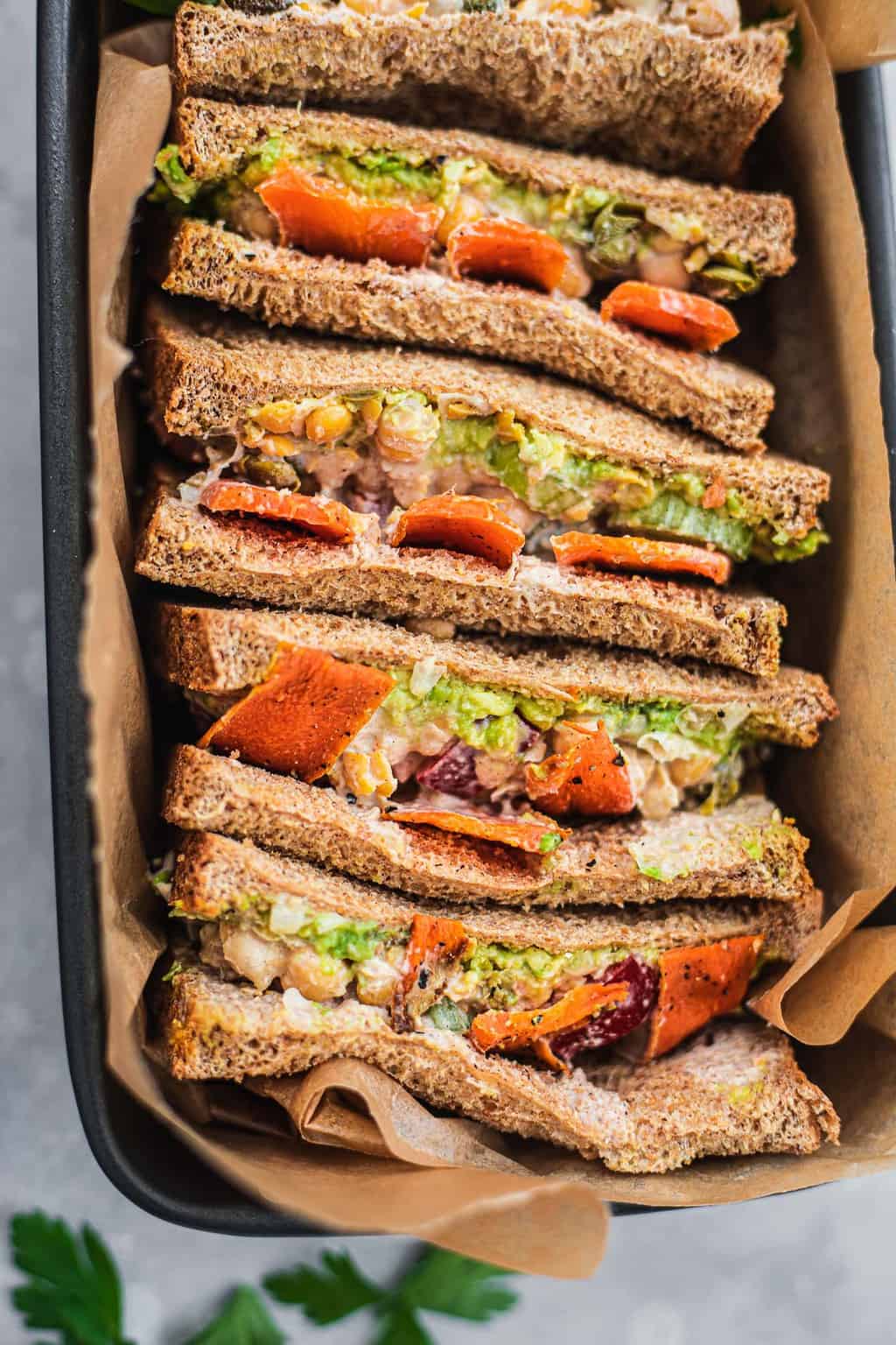 Closeup of a vegan 'tuna' sandwich with vegetables