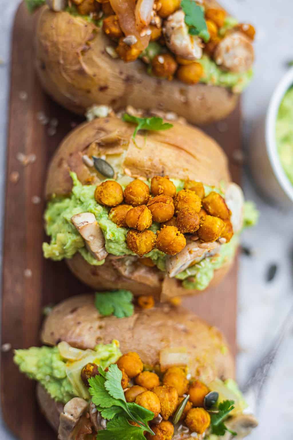 Vegan stuffed potatoes with chickpeas and avocado