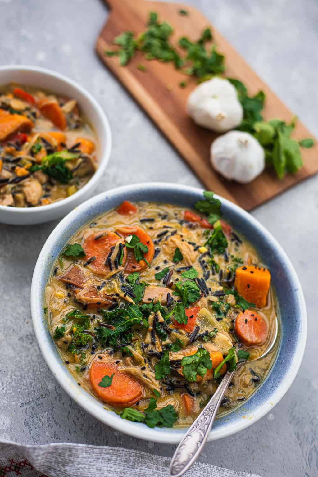 Bowl of vegan rice soup with jackfruit