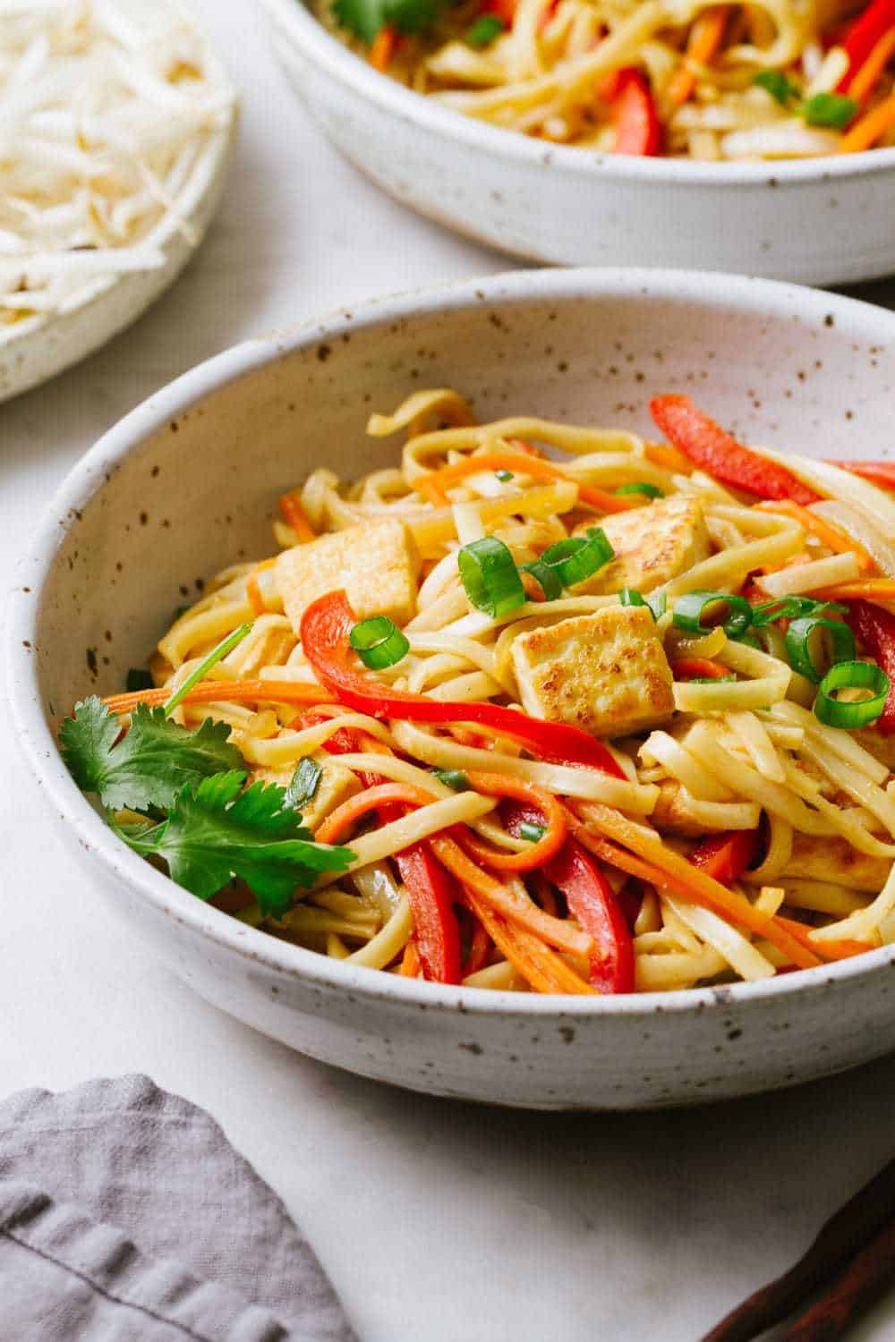 Vegetable lo mein with crispy tofu