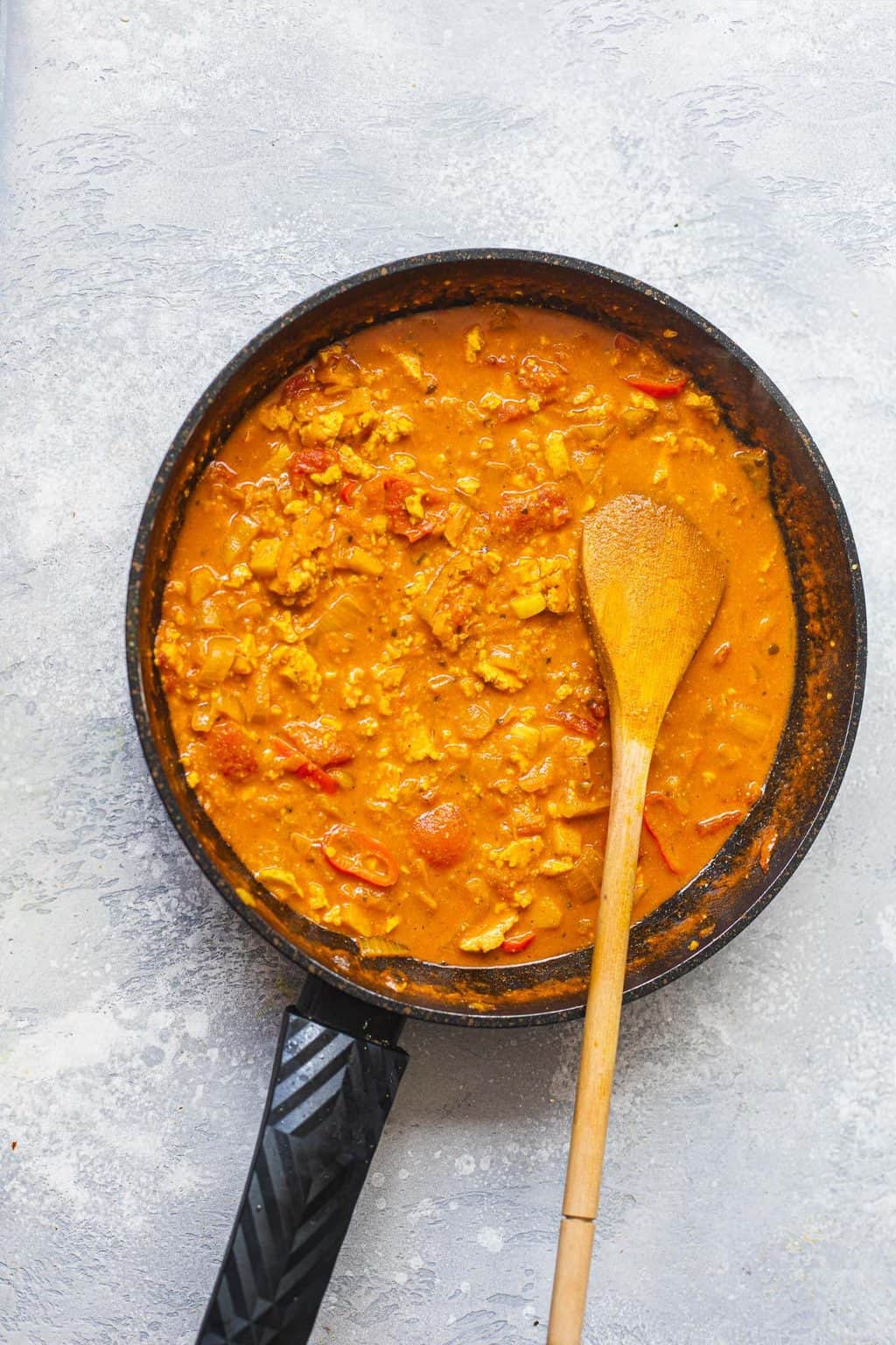 Vegan curry sauce in a frying pan
