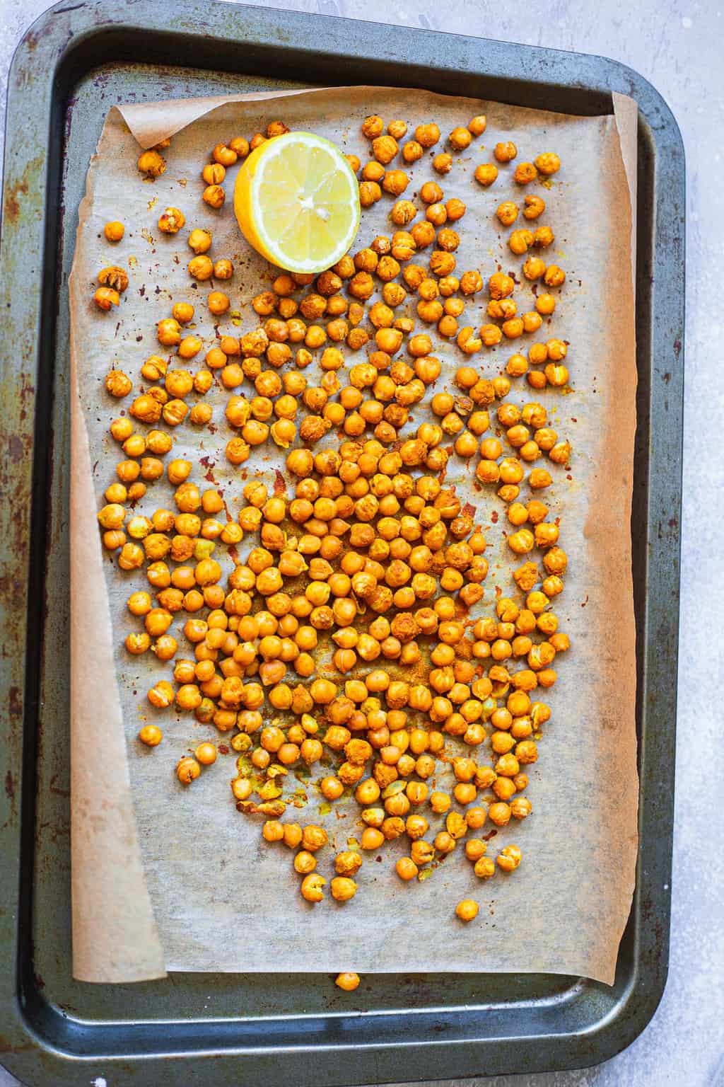 Roasted chickpeas on a baking tray