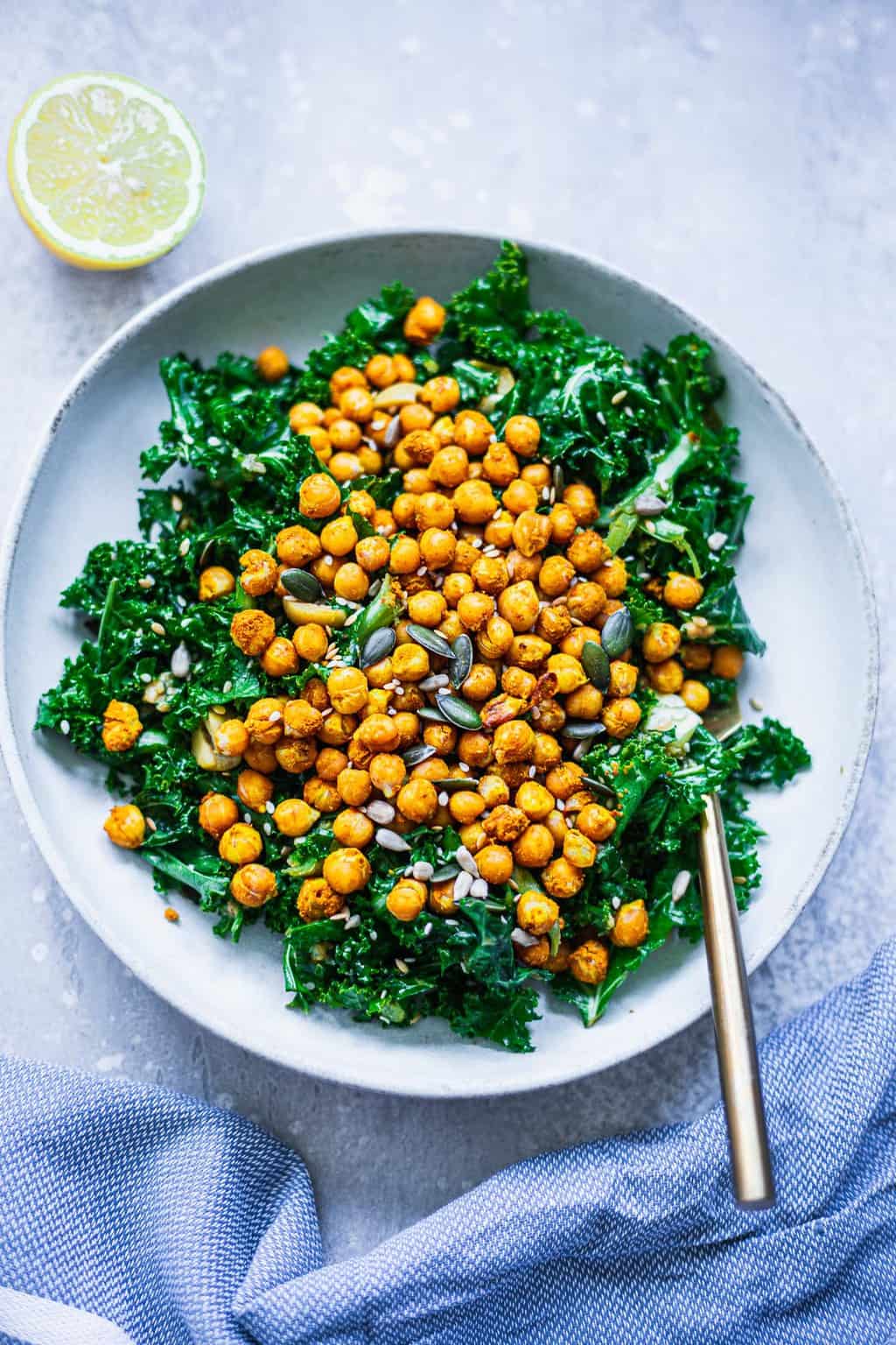 Vegan massaged kale salad with roasted chickpeas