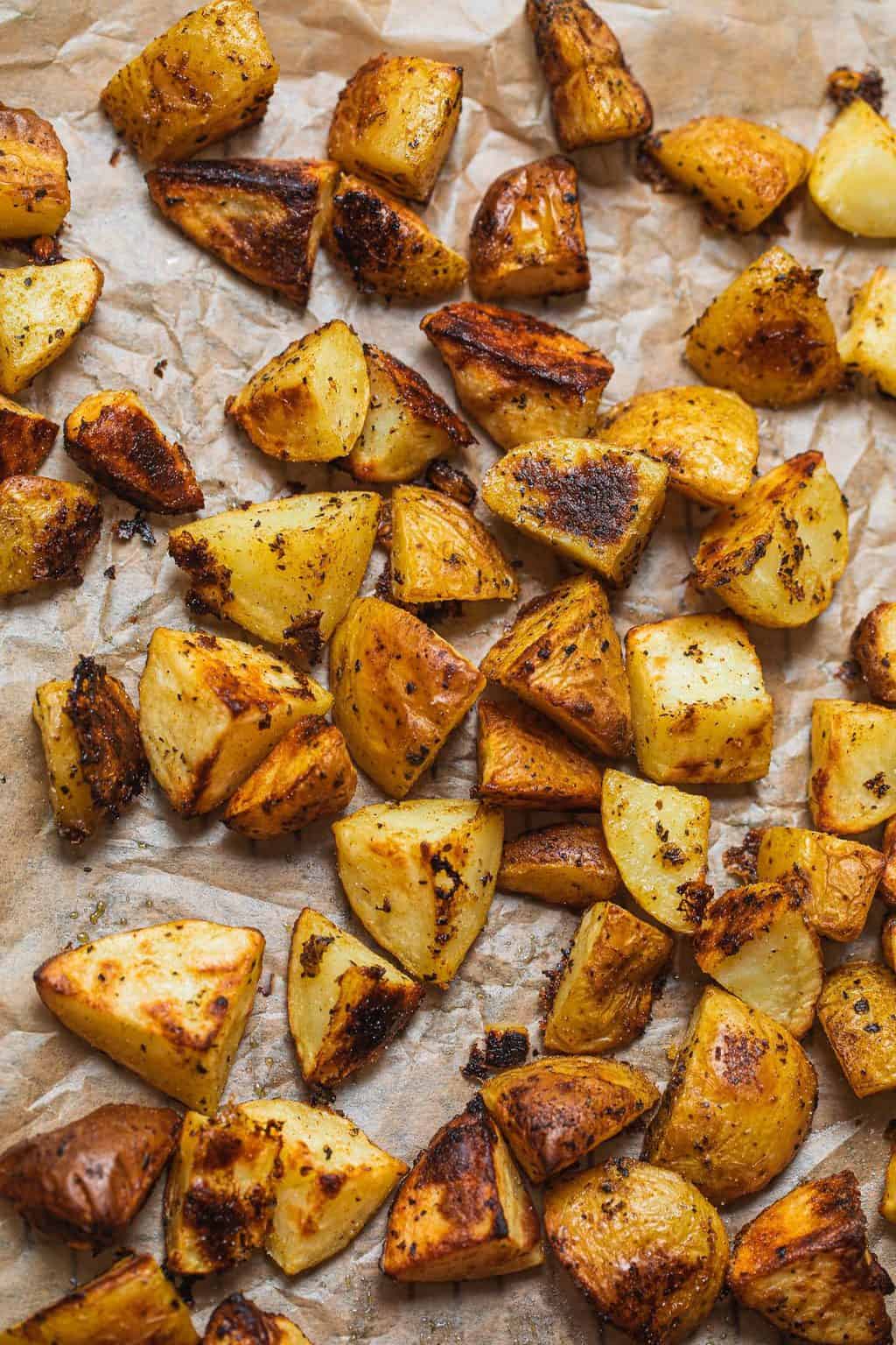 Roasted lemon potatoes on a baking tray