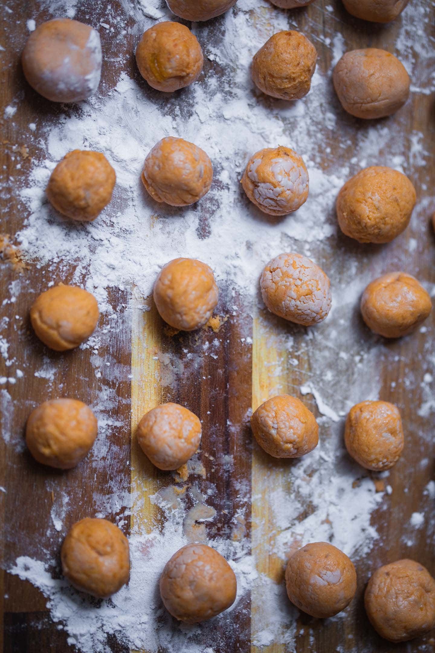 Sweet potato gnocchi on a chopping board