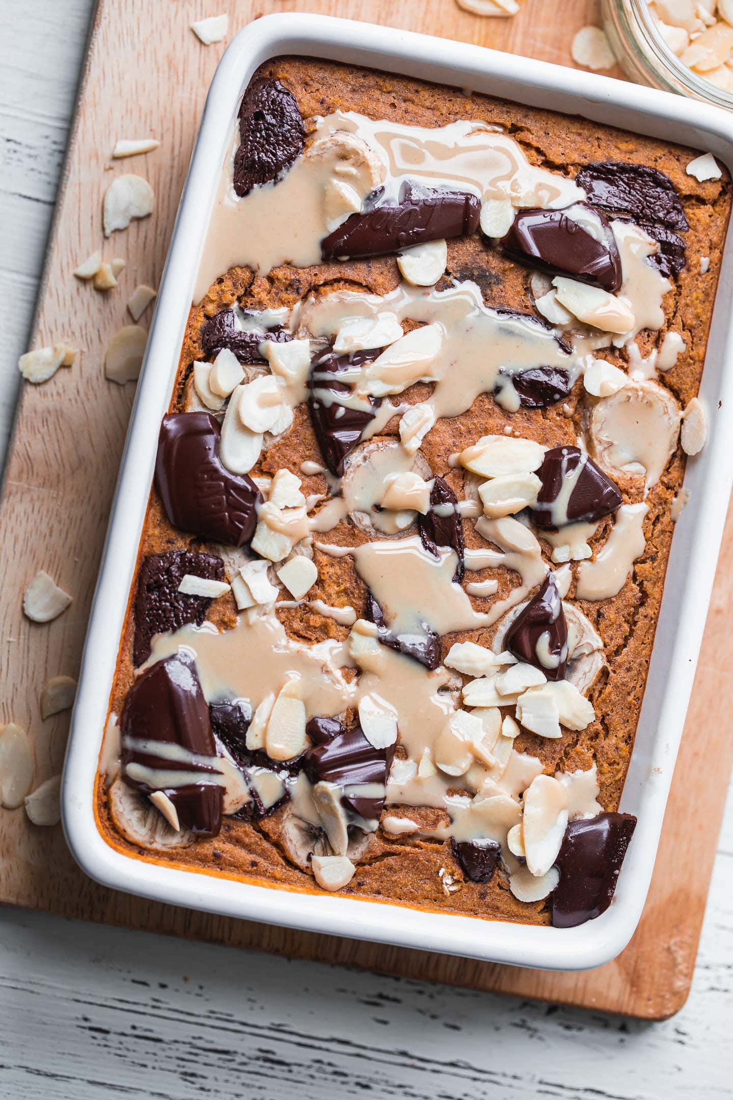 Vegan baked porridge in a baking bowl