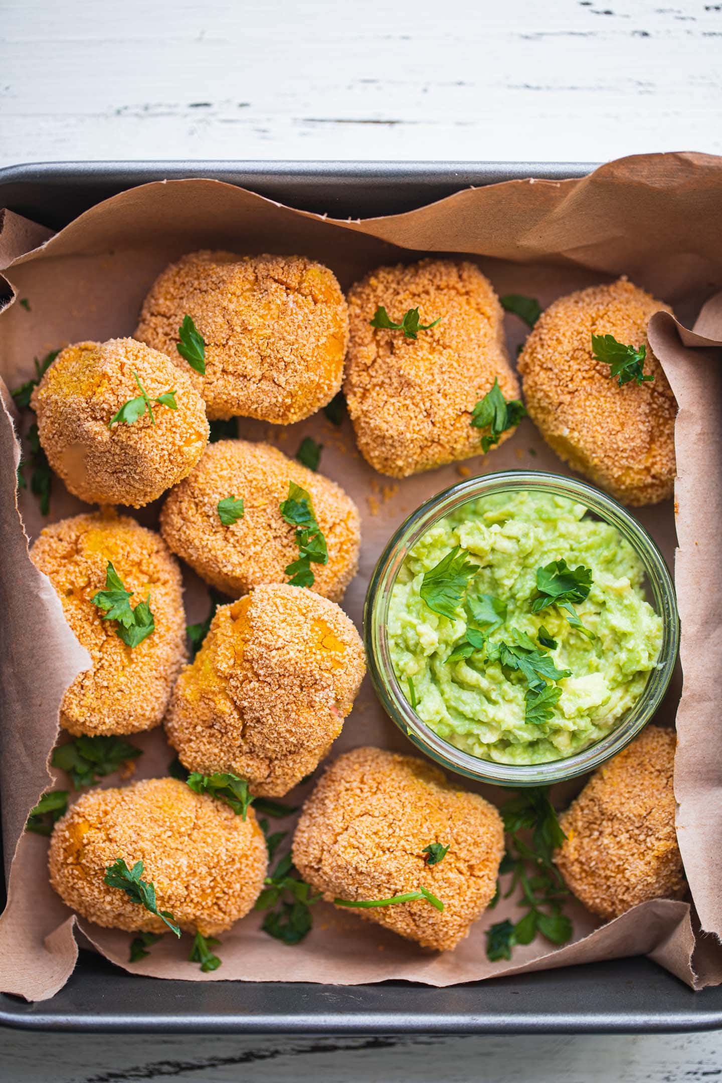Vegan chickpea nuggets and avocado sauce