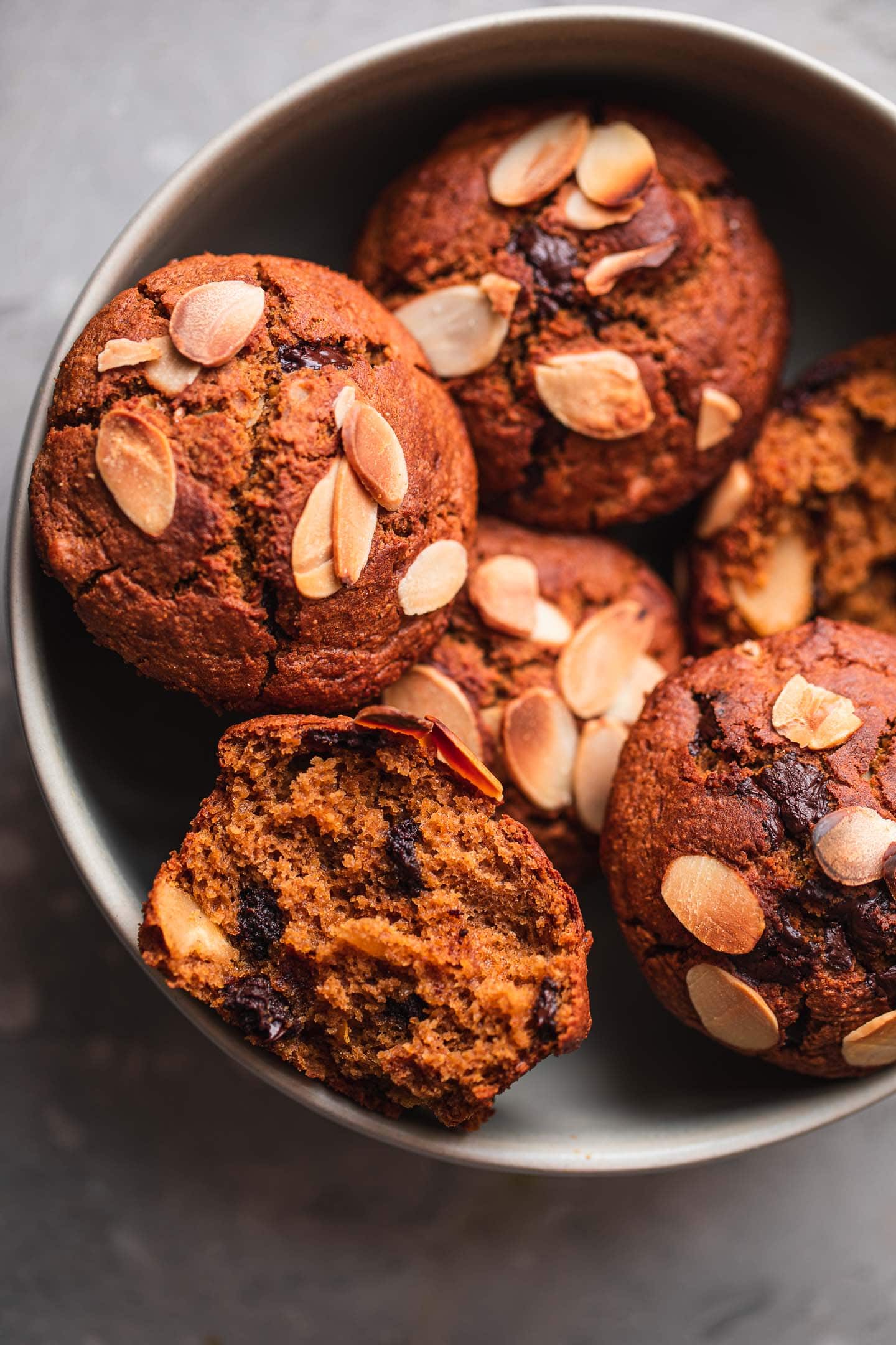 Bowl with chocolate chip vegan muffins