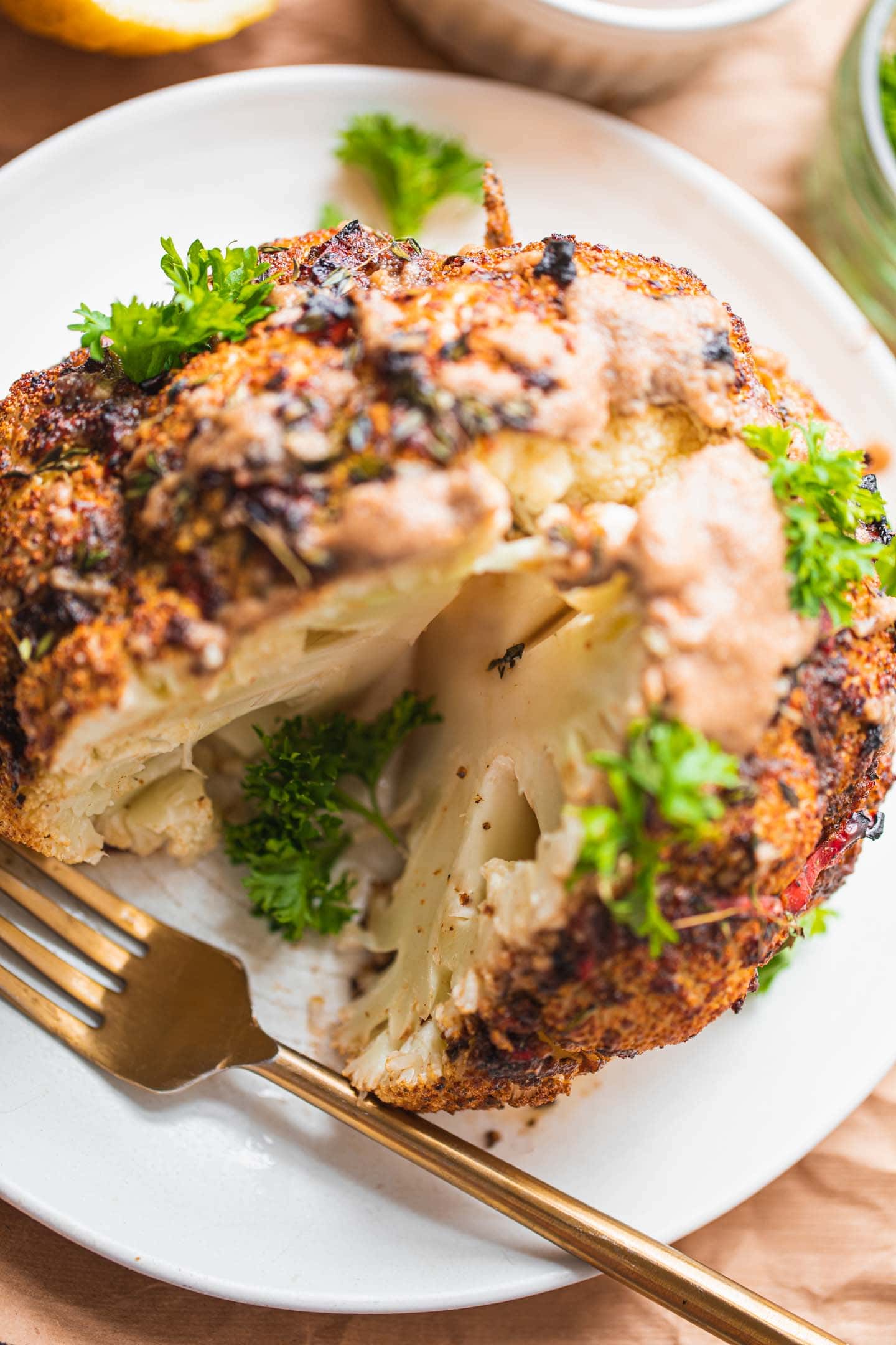 Closeup of roasted cauliflower on a plate