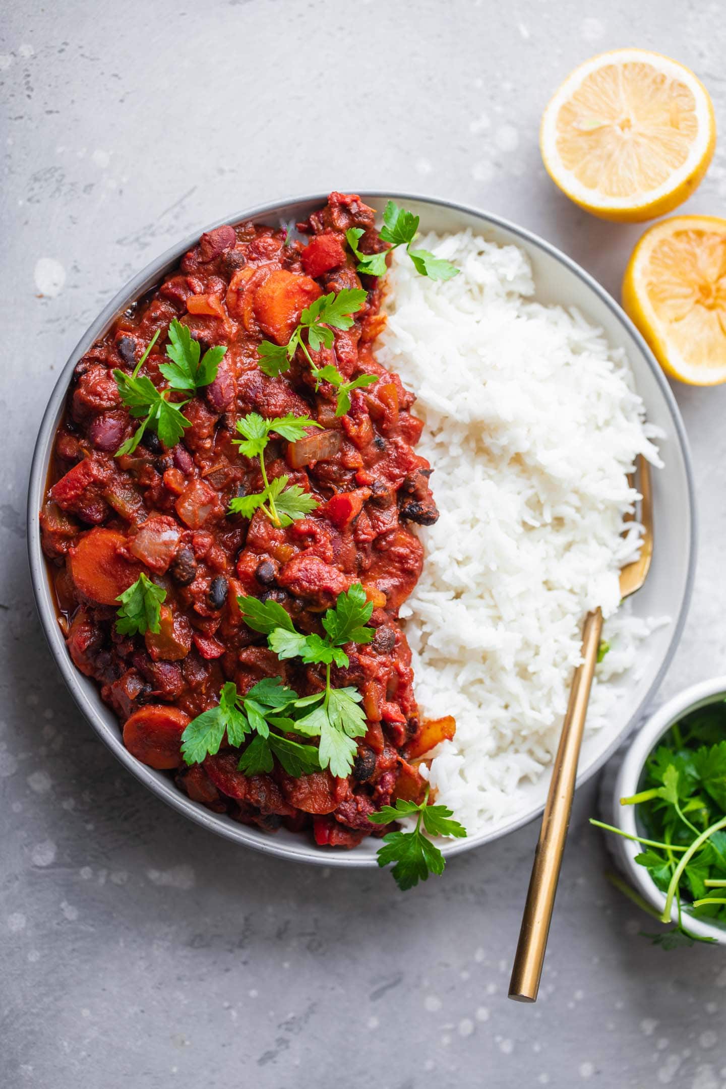 Vegan chili and rice in a large plate
