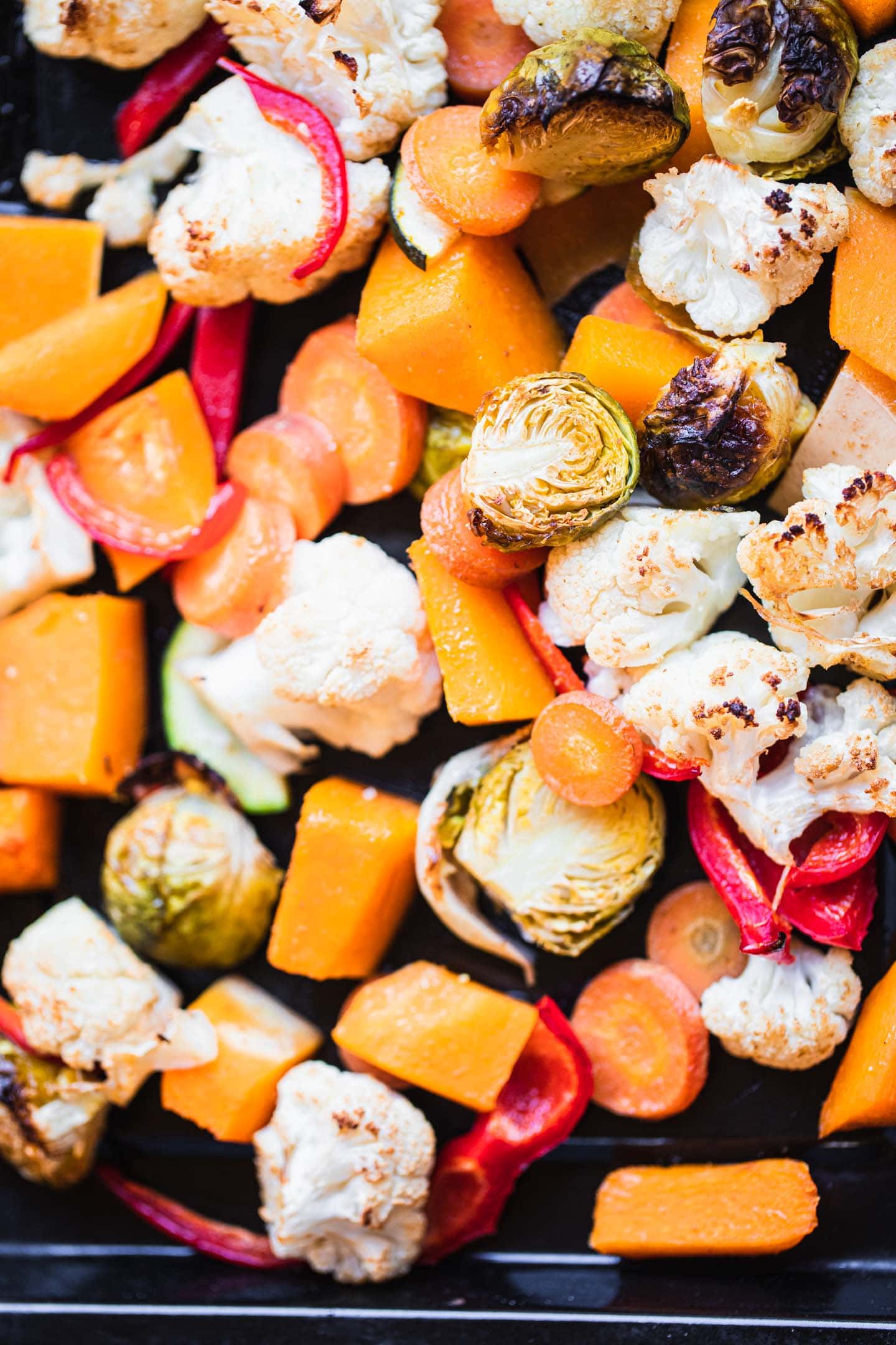 Roasted vegetables on a baking tray