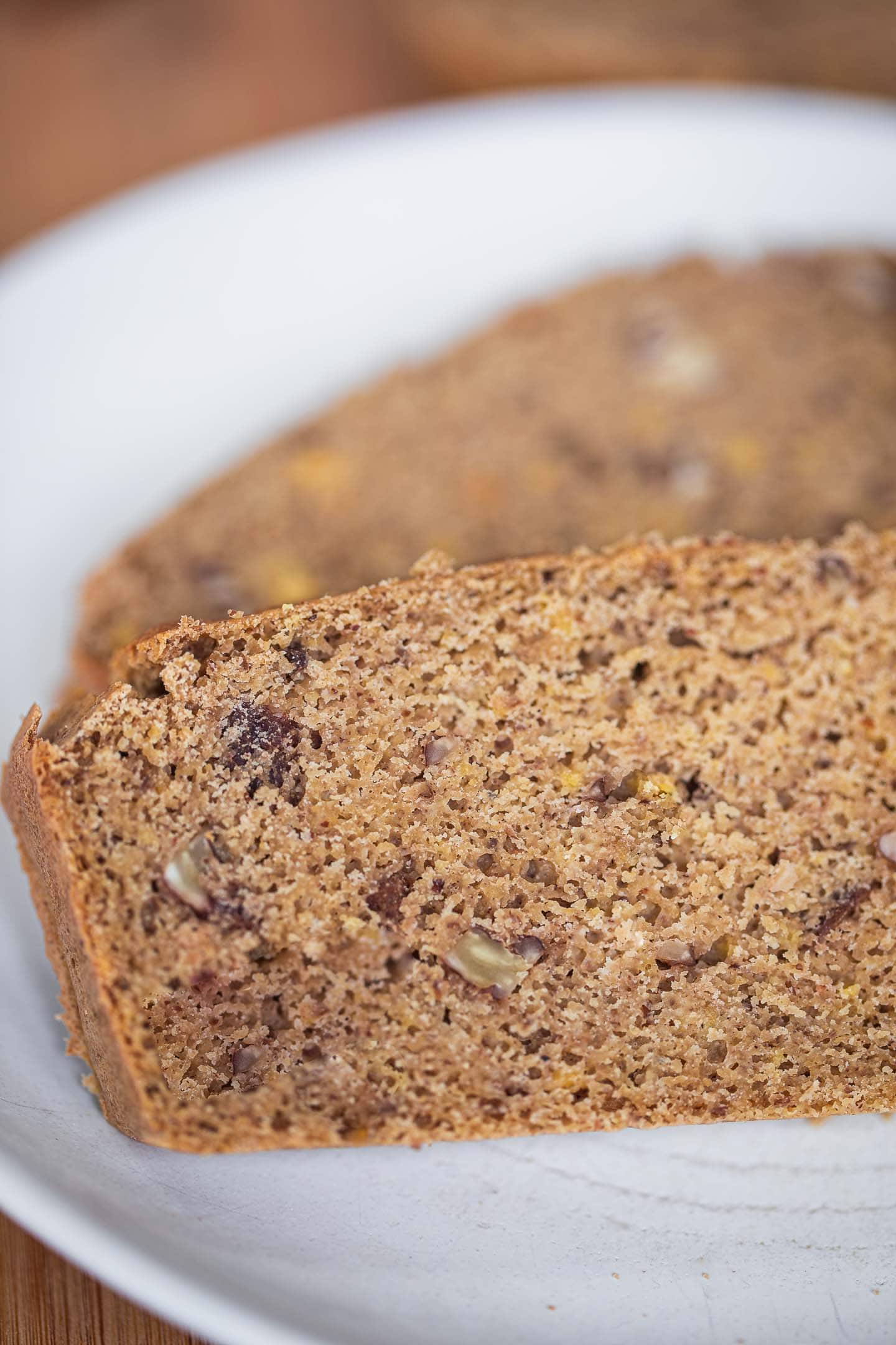 Slice of pecan bread on a plate