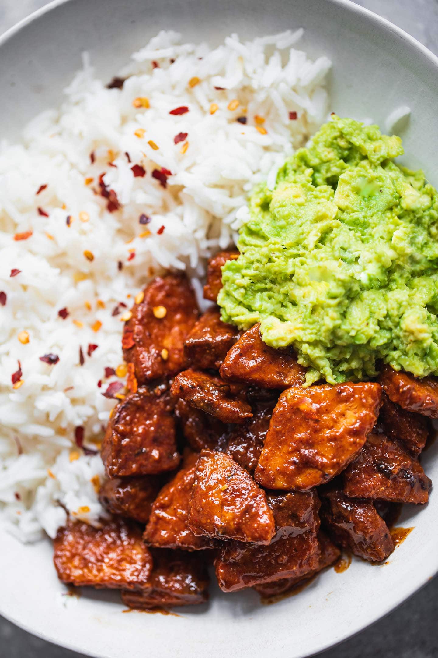 BBQ tempeh bowl with rice and avocado